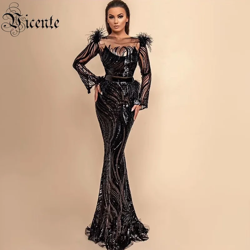 

Vicente 2019 All Free Shipping New Chic Mesh Splicing Sequins Feathers Embellished Long Sleeves Celebrity Party Long Dress