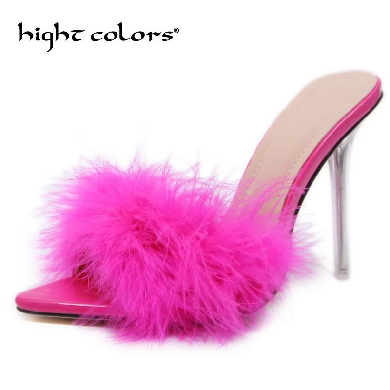 Фото Summer Fashion Women Pumps Thin Heels Mules Shoes Faux Fur Pointed Toe Slippers For Black Pink White Size 41 | Обувь