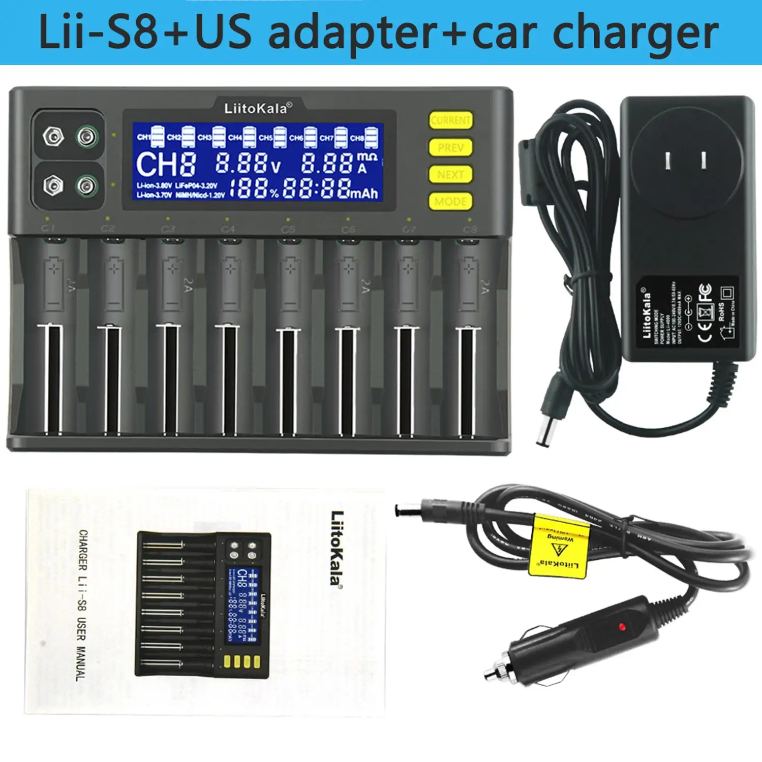 LiitoKala Lii-S8 Battery Charger Li-ion 3.7V NiMH 1.2V Li-FePO4 3.2V IMR 3.8V charger for 18650 26650 21700 26700 AA AAA
LiitoKala Lii-S8 Battery Charger Li-ion 3.7V NiMH 1.2V Li-FePO4 3.2V IMR 3.8V charger for 18650 26650 21700 26700 AA AAA