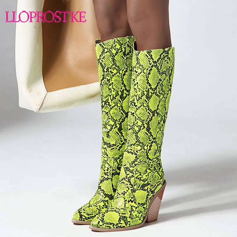 

Lloprost ke Western Cowboy Knee High Boots Snake Print Women Boots Fashion Strange Style High Heel Long Boots Winter Woman Shoes