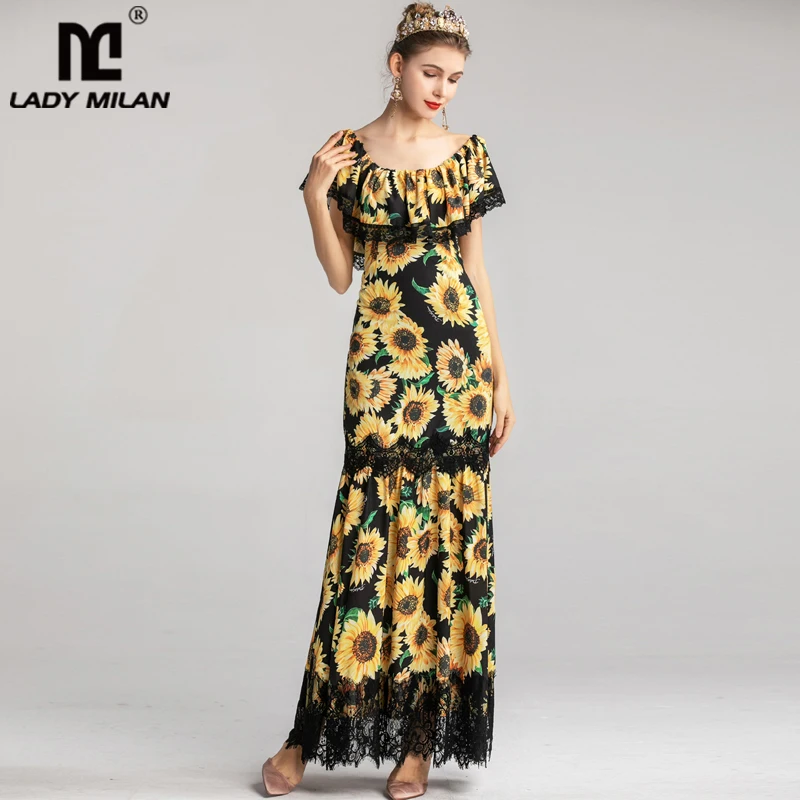 

Lady Milan Women's Runway Designer Dresses Scoop Neckline Ruffles Floral Printed Lace Trim Patchwork Fashion Casual Long Dress