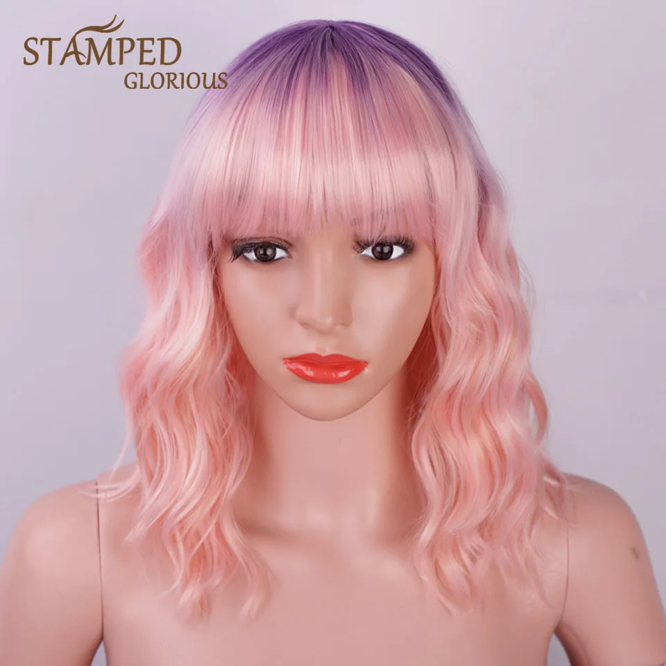 Stamped Glorious 14inches Natural Wave Short Wig Ombre Purple pink With Bangs Heat Resistant Synthetic Wigs for Black Women
Stamped Glorious 14inches Natural Wave Short Wig Ombre Purple pink With Bangs Heat Resistant Synthetic Wigs for Black Women