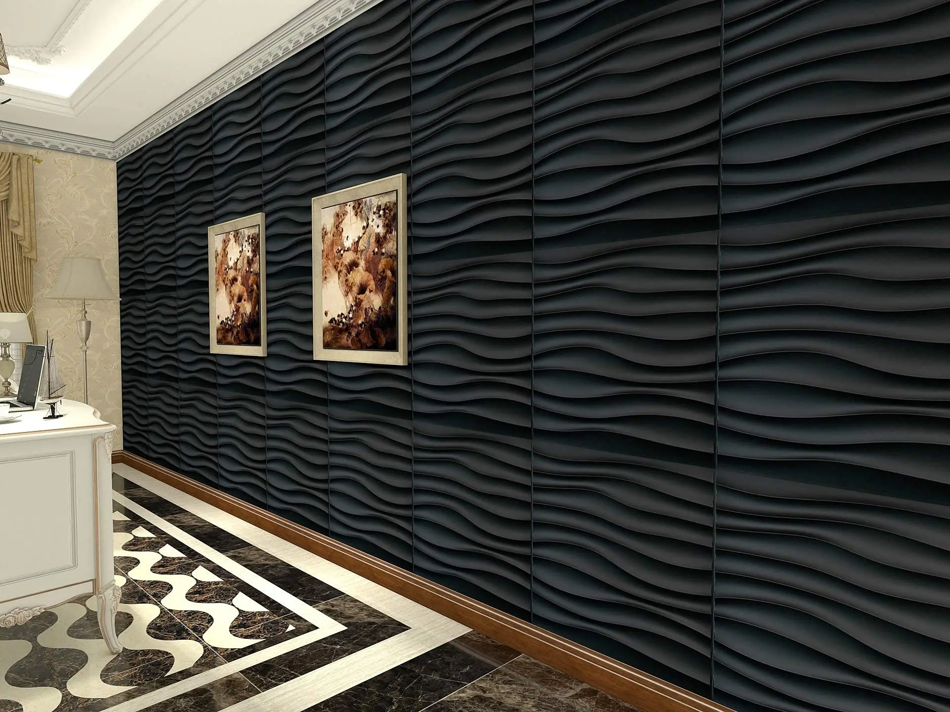 

Art3d 50x50cm Black Plastic Decorative 3D Wall Panels Wave Wall Design for Living Room Bedroom TV Background Pack of 12 Tiles