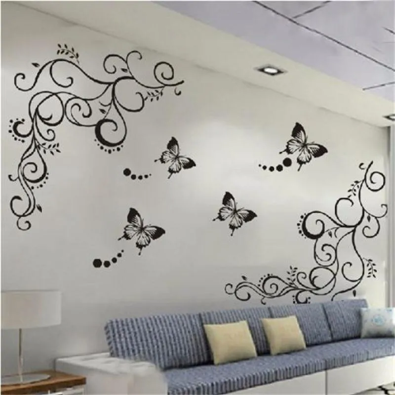 

Classical Black Flower Vine Butterfly Wall Stickers Home Decor Living Room Furniture Fridge Bedroom Wall Decals Diy Mural Art