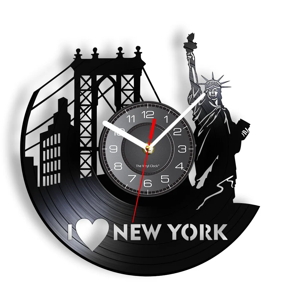 

I Love New York Laser Etched Vinyl Wall Clock NYC Cityscape Statue Of Liberty Vintage Design LED Lighting Wall Watch Handicraft