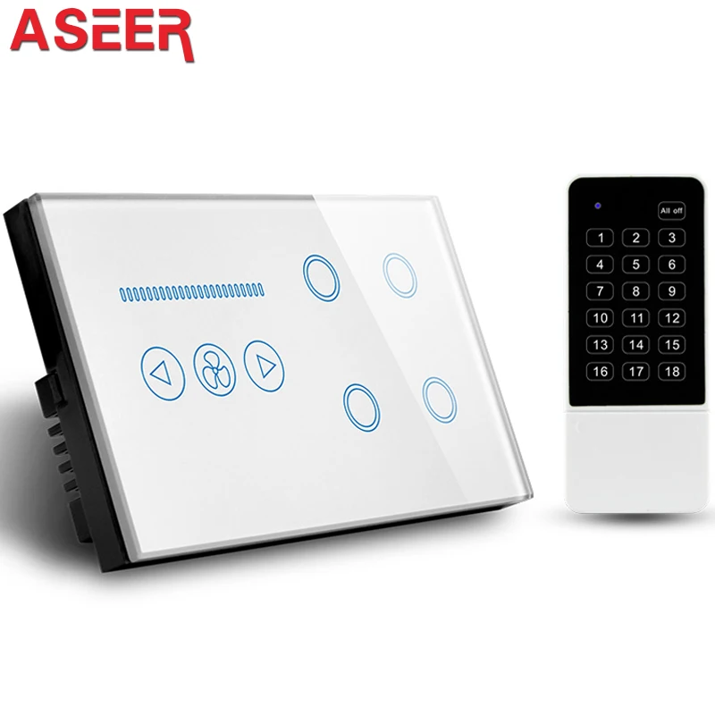 ASEER UK 4 gang Wireless Smart switch + Ceiling Fan Switch with remote control, White/Black Crystal Glass Panel,AC110-240V
ASEER UK 4 gang Wireless Smart switch + Ceiling Fan Switch with remote control, White/Black Crystal Glass Panel,AC110-240V