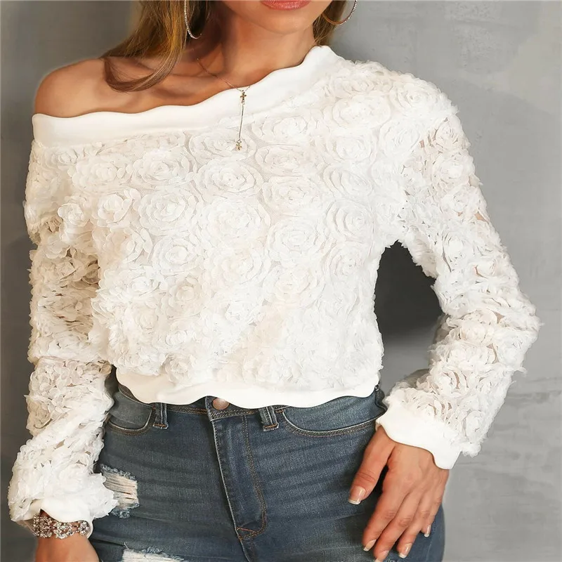

Vogue Womens Long Sleeve Flower Embellished Scalloped Brim Top Ladies Baggy Blouse Fashion Ladies Blouse Shirts Tops Plus Size
