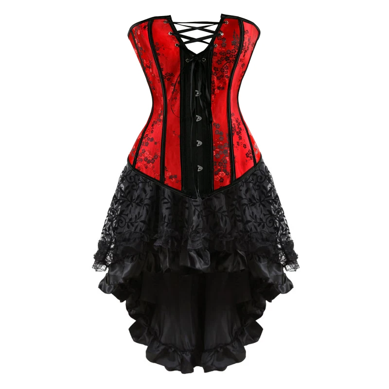 Corset Dress Womens Plus Size Satin Overbust Lace Up Boned Corset Jacquard Off the Shoulder Corset and Skirt Set Black Red
Corset Dress Womens Plus Size Satin Overbust Lace Up Boned Corset Jacquard Off the Shoulder Corset and Skirt Set Black Red