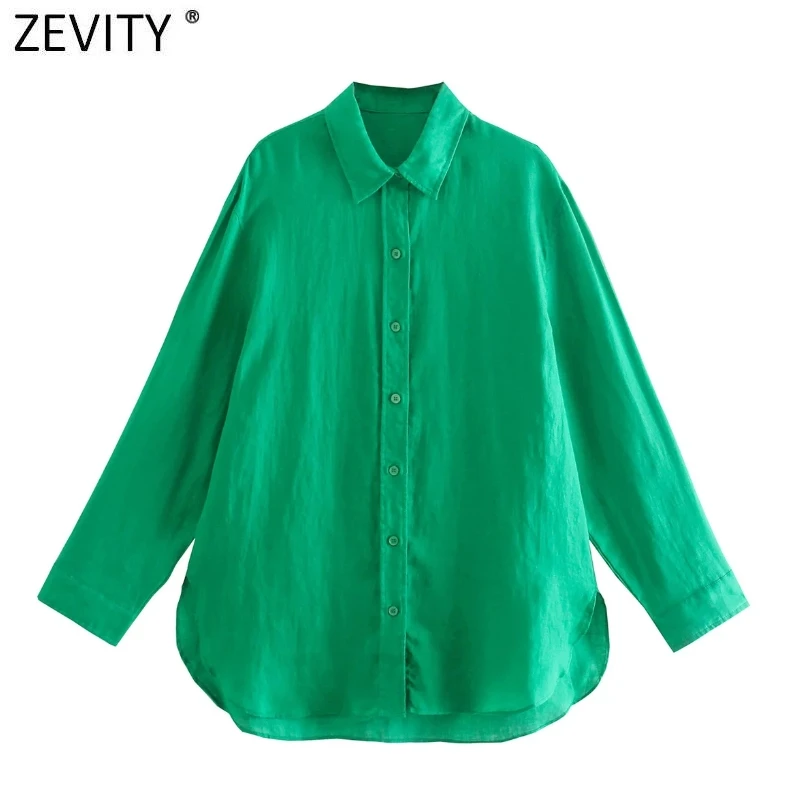 Zevity Женская винтажная свободная льняная блузка зеленого цвета Офисная