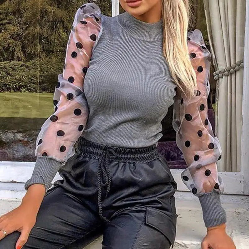 

2019 Woemn Autumn Top Tee Mock Neck Polka Dot Puff Sleeve Mesh Insert Ribbed Top Tee Kintting Warm Fashion Streetwear