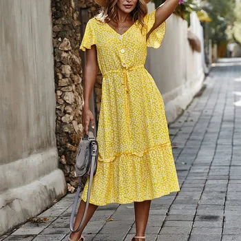 Spring and Summer Single-Breasted Floral Dress Female V-neck Butterfly Sleeve Slim Dress 
Spring and Summer Single-Breasted Floral Dress Female V-neck Butterfly Sleeve Slim Dress