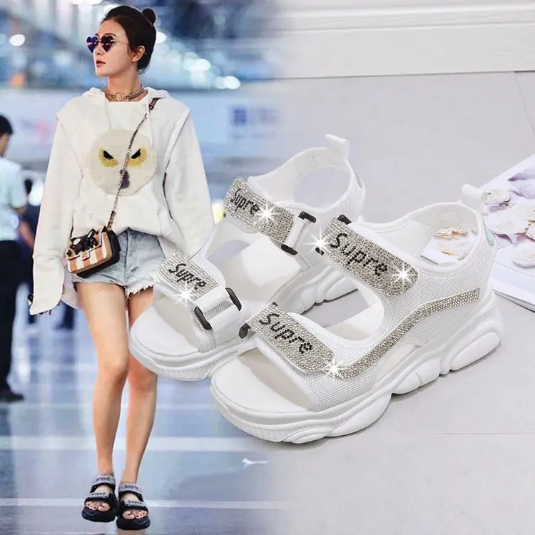 

Sandals Women's Summer New Style Bear Sandals Korean-style Extra High Net Drill Casual Sandals Thick Bottomed mo shu tie Women's