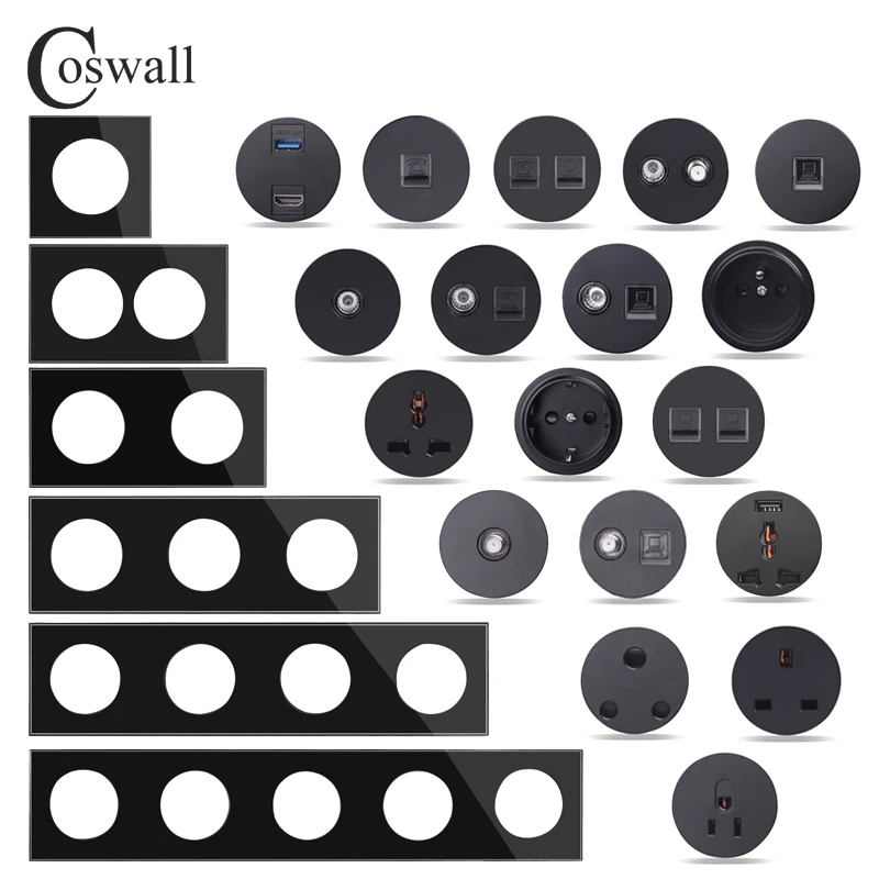 COSWALL R11 Black Glass Panel Wall Switch EU French Socket USB Charger Female TV RJ45 CAT6E Modules DIY Free Combination | Обустройство