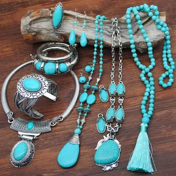 Ethnic Vintage Sweater Chain Necklace Set Rings Earrings Women Blue Howlite Turquoises Stone Long Tassel Necklace Set Boho Party
Ethnic Vintage Sweater Chain Necklace Set Rings Earrings Women Blue Howlite Turquoises Stone Long Tassel Necklace Set Boho Party