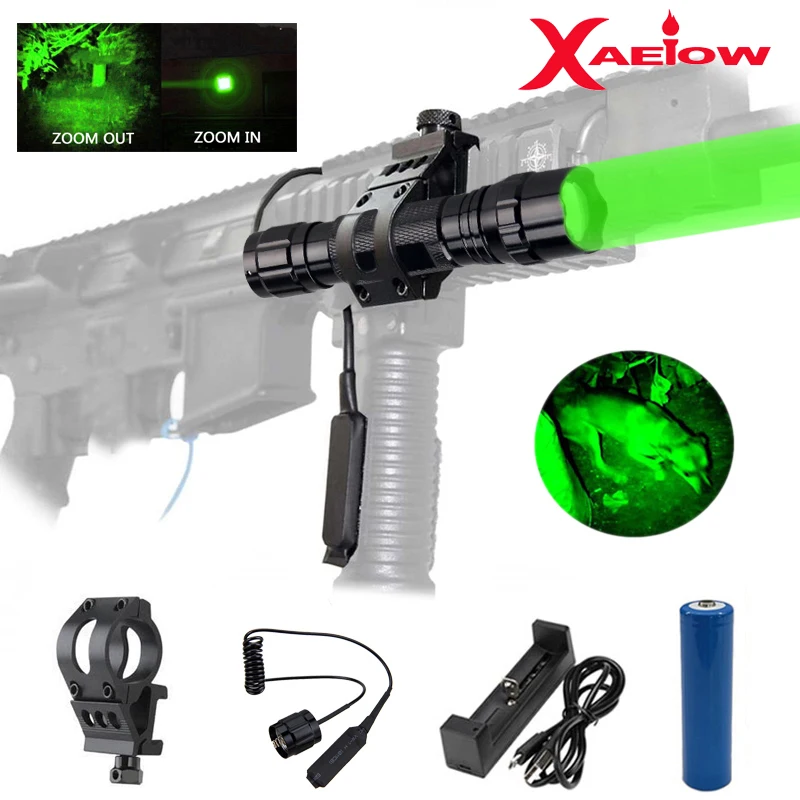 Green Light Tactical Zoomable LED Flashlight Spot Flood Light Torch Hunting Lamp with Pressure Switch+ Battery Charger+ Mount
Green Light Tactical Zoomable LED Flashlight Spot Flood Light Torch Hunting Lamp with Pressure Switch+ Battery Charger+ Mount