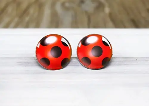 Earrings Ear Stud Dots Polka Black Red Ladybug Lady Bug Miraculous Silver Women Kids Girls Kitsch Kawaii 14mm | Украшения и