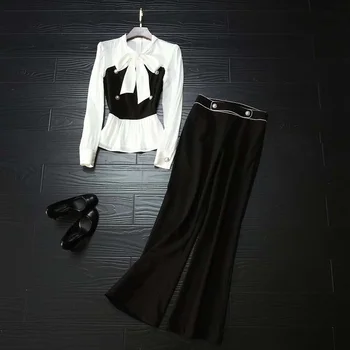 Women's Set 2020 Spring Summer Work Suits Ladies Bow Collar Black White Color Block Tops+Beading Button Long Pant Set Female
Women's Set 2020 Spring Summer Work Suits Ladies Bow Collar Black White Color Block Tops+Beading Button Long Pant Set Female