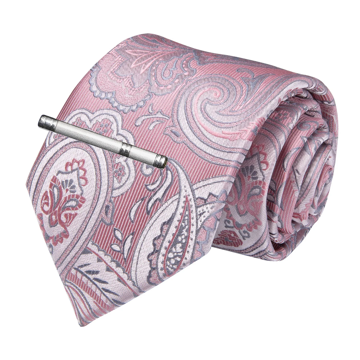 Фото Высококачественный мужской галстук розовый Серебряный Пейсли Шелковый