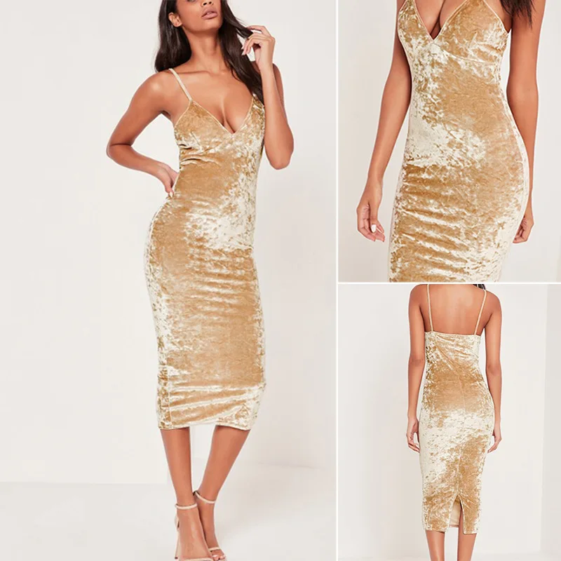 2018-Gold Velvet Camisole Women's Autumn And Winter Party Long Formal Dress 2719 #