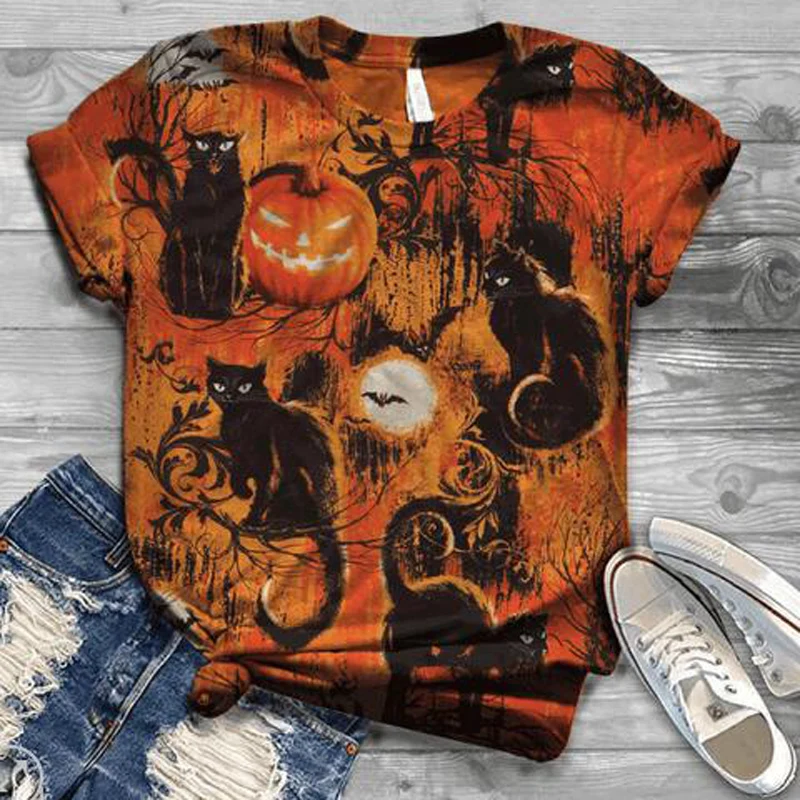 Harajuku Woman Tshirts Women Short Sleeve Female Halloween Cat Printed O Neck Tops Graphic Tee T Shirt For Women Tops Plus Size