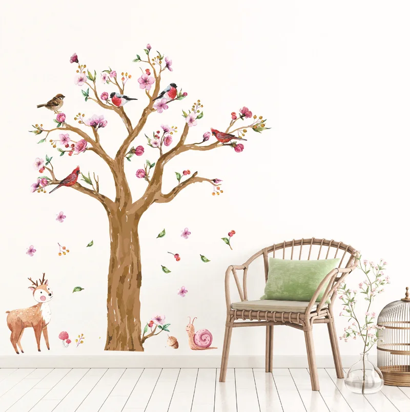 

Cartoon Animals Tree Wall Sticker for Kids Room Watercolor Birds Deer Wallpapers Lovely Flower Wall Decal Home Decor 145*170cm