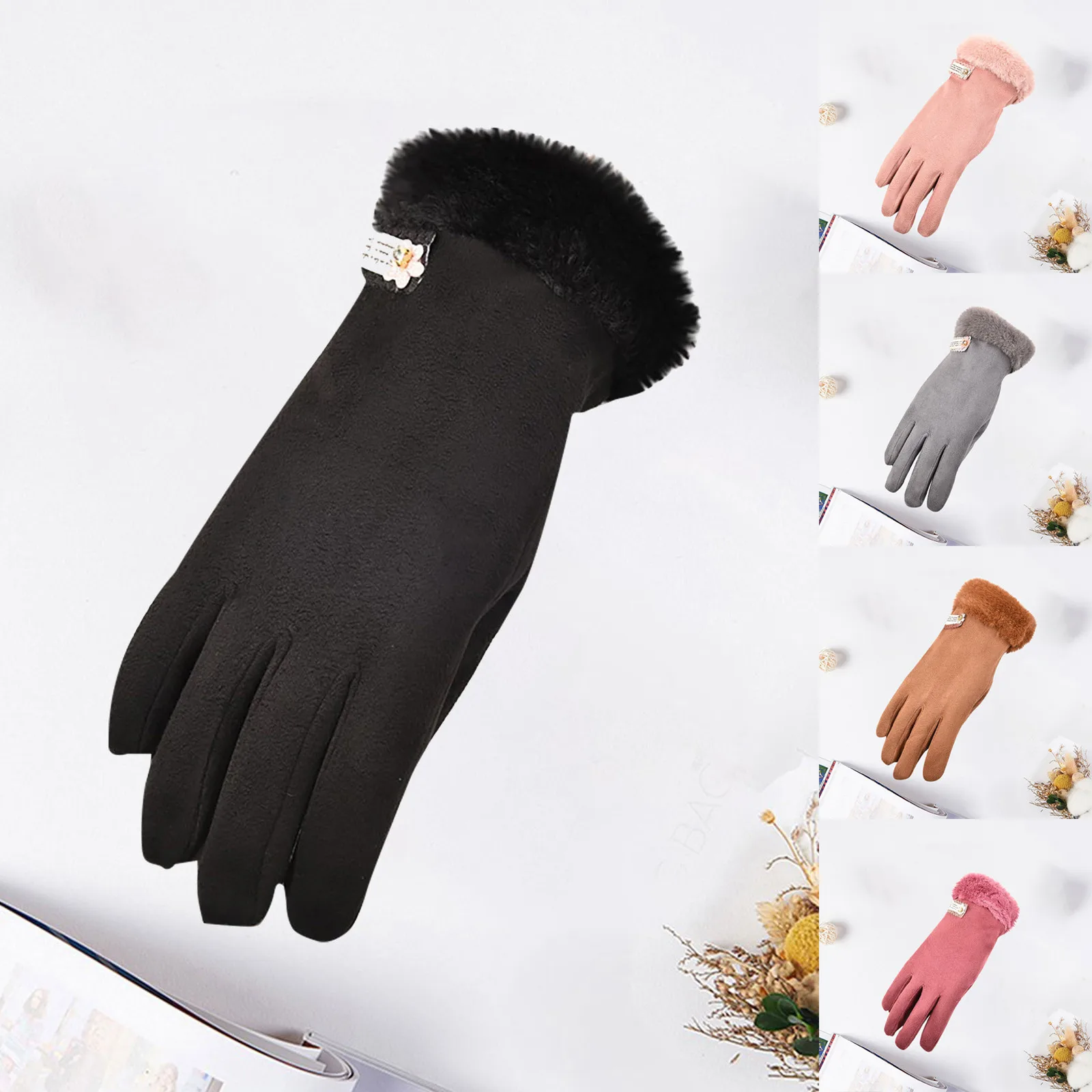 Women's fashion solid color multifunctional outdoor suede gloves warm and thick winter full finger with T-shirt screen | Аксессуары