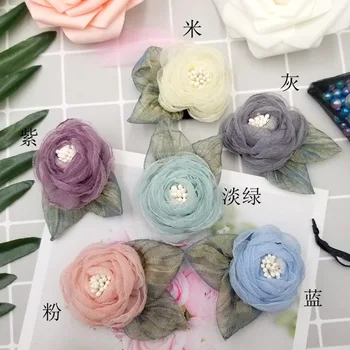 

10PCS 5.0cm white beads center Burned Edges organza Camellia Flowers no pin back FOR DIY brooch hair accessories jewelry finding