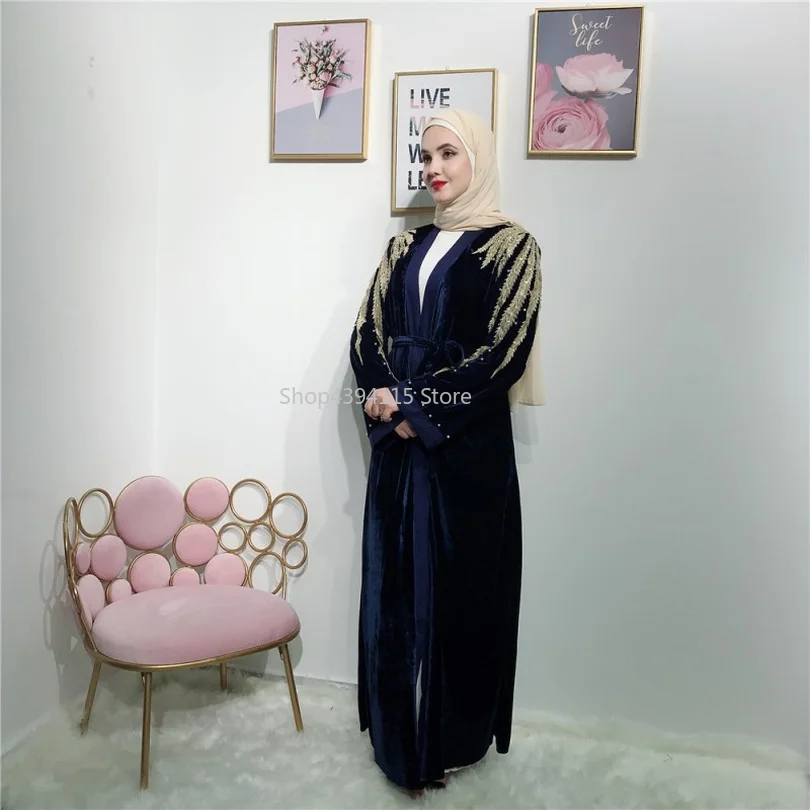 

Dubai Velvet Abaya Women Kimono Kaftan Muslim Long Open Cardigan Dress Islamic Jilbab Robe Gown Arab V-neck Beading Ramadan New