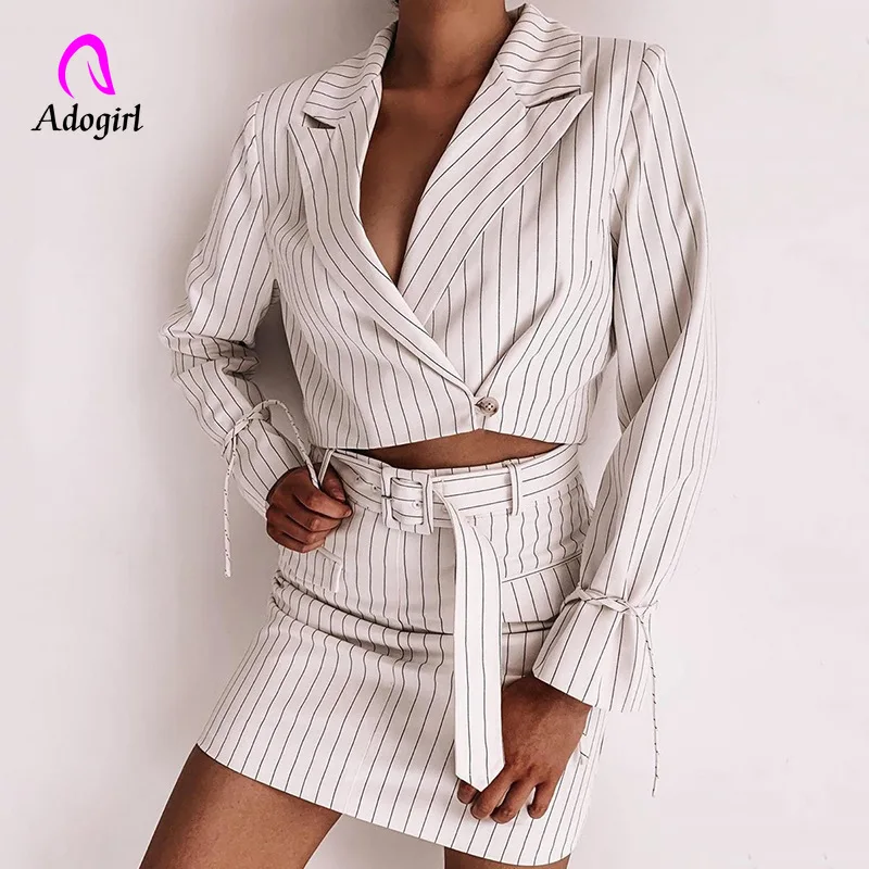 Adogirl Elegant 2 Piece Women Set Black and White Striped Blazers Set with Belt Skirts Set Office Lady Two Piece Sets Outfits 
Adogirl Elegant 2 Piece Women Set Black and White Striped Blazers Set with Belt Skirts Set Office Lady Two Piece Sets Outfits