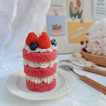 수제 양초 과일 알몸 케이크 3 층 크림 딸기 케이크 마시맬로 아로마 테라피 양초 파티 장식