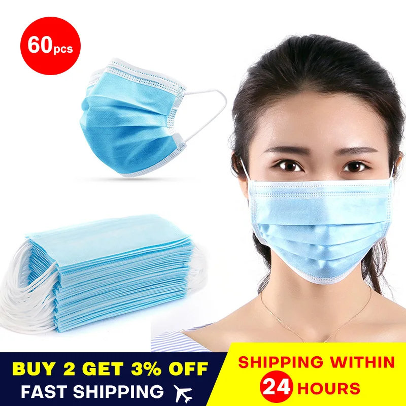 60Pcs Safety Protective Disposable Masks 3 Layer Non Woven Anti-Dust Filter Elastic Facial Dust-Proof Hanging Ear Masks
60Pcs Safety Protective Disposable Masks 3 Layer Non Woven Anti-Dust Filter Elastic Facial Dust-Proof Hanging Ear Masks