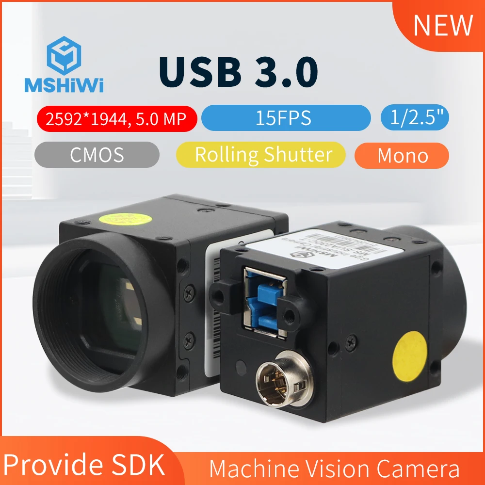 

USB3.0 Industrial Cameras 5.0MP 1/2.5" CMOS Mono 2592*1944 15FPS Rolling Shutter Camera for Vision Inspection & Robot Automation