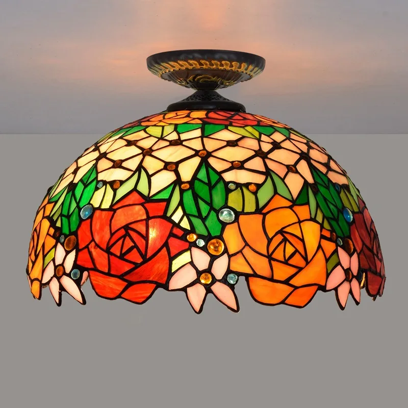 

40cm European Countryside Rose Tiffany Multi-Colored Glass Restaurant Bedroom Corridor Corridor Colored Glass Ceiling Luminaire