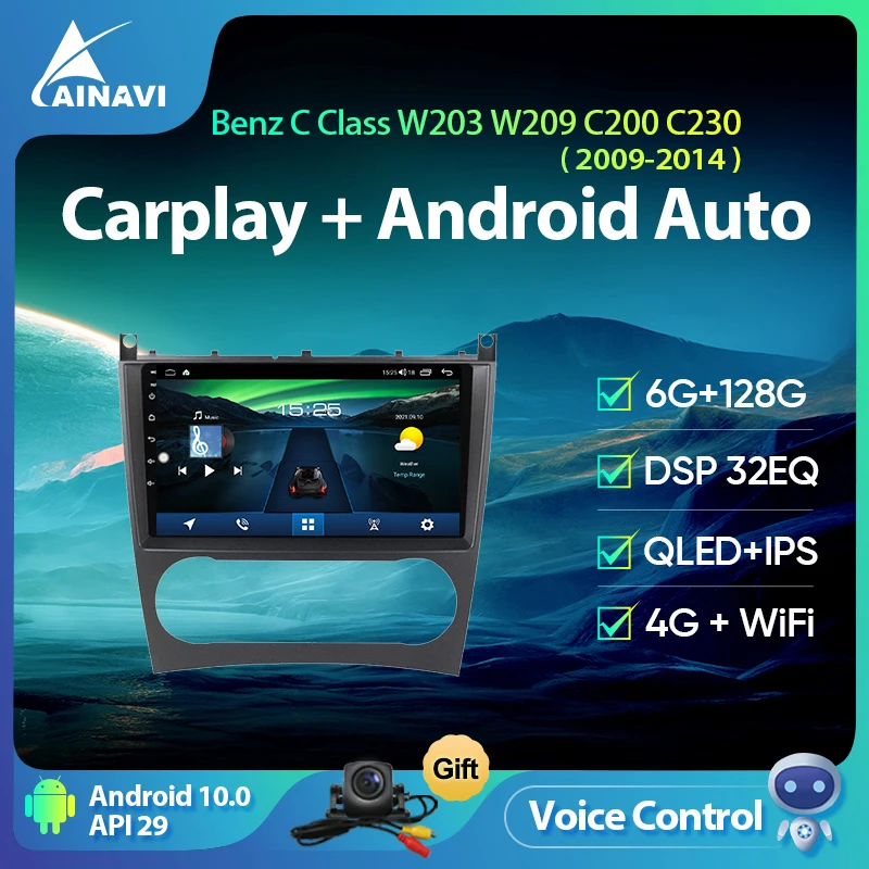 Ainavi Car Radio Android 10.0 QLED For Mercedes Benz C Class W203 W209 C200 C230 Auto Stereo Multimedia GPS Video Player Carplay |