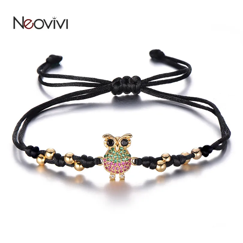 

Neovivi Cute Owl Charm Bracelets Women Handmade Micro Pave Colorful Zircon Red Black Rope String Bracelet Adjustable Jewelry Men