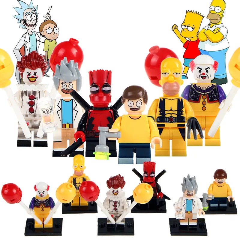 6pcs/lot WM6019 Super Hero The Clown Pennywise Rick Morty Simpson Wild Wolverine Deadpool Set Collection Building Blocks Kid Toy
6pcs/lot WM6019 Super Hero The Clown Pennywise Rick Morty Simpson Wild Wolverine Deadpool Set Collection Building Blocks Kid Toy