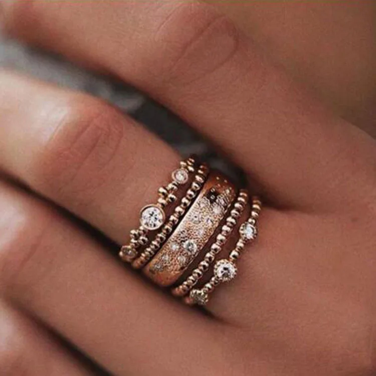 2020 Delicate Women Personality Ring 5pcs/set Charm Rose Gold Alloy Fashion Inset Zircon Crystal Jewelry Gift Wholesale | Украшения и