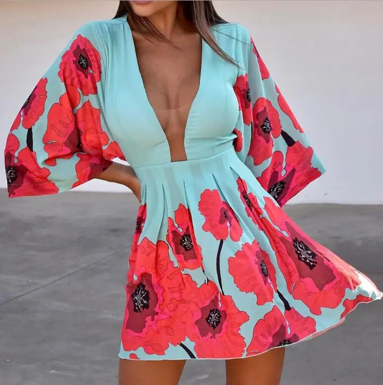Women Mini Dress Floral Print Deep V Neck Plunge Batwing Sleeve long Sheer A-line Dress Boho Sexy Wear Flower Beach Party
Women Mini Dress Floral Print Deep V Neck Plunge Batwing Sleeve long Sheer A-line Dress Boho Sexy Wear Flower Beach Party