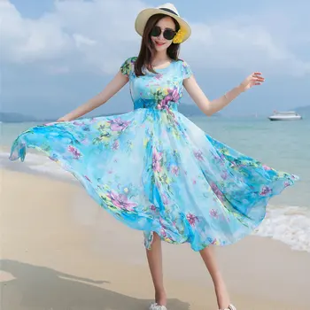 Summer Woman Chiffon Dress Light Blue Printing Round Collar Short Sleeve Flowing Peplum Calf Length Elastic Waist Dresses Women
Summer Woman Chiffon Dress Light Blue Printing Round Collar Short Sleeve Flowing Peplum Calf Length Elastic Waist Dresses Women