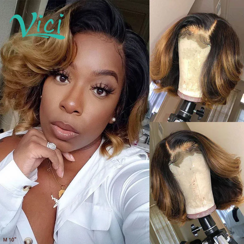 

Ombre Human Hair Short Bob Wig for black women Brown Honey Blonde Colored 13x4 Lace Front Wigs Remy Wig Preplucked 150 Density