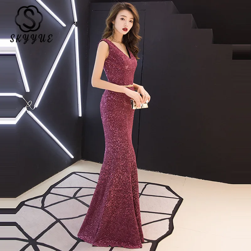 

Skyyue Sexy V-Neck Evening Dress Purplish Red Sequined Elegant Vestidos De Gala K090 2020 Sleeveless Long Mermaid Formal Dresses