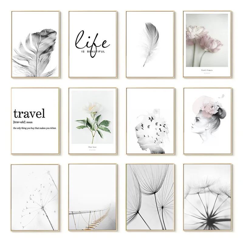 

HD Wall Art Modular Picture Simple Quotes Nordic Style Poster Feather Dandelion Canvas Painting Print Restaurant Home Decoration