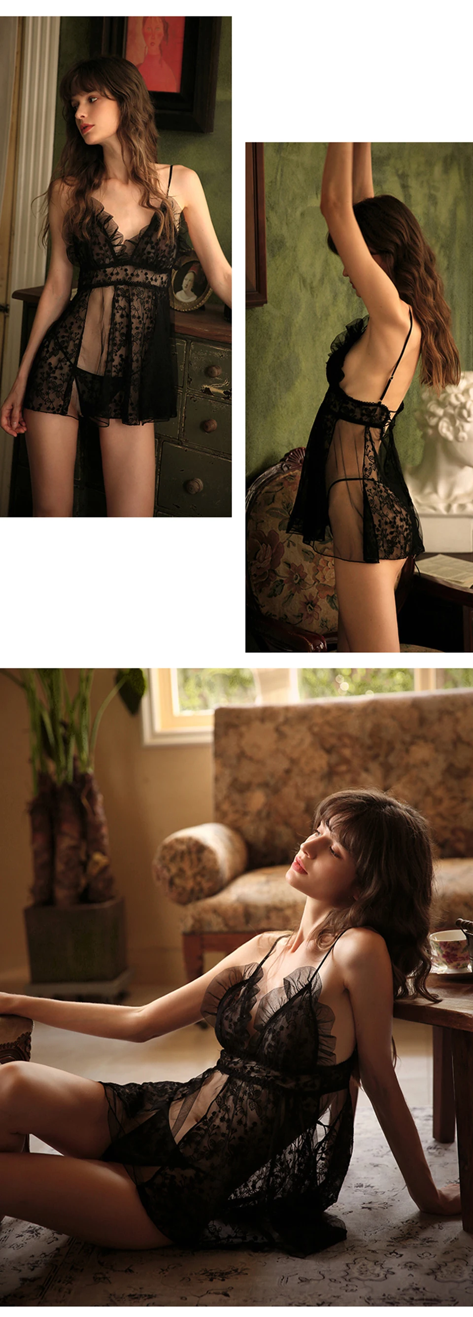 Women's Ruffle Sling Perspective Sexy Nightwear Mesh Embroidery Ultra-Thin Nightdress Backless Home Temptation Female Sleepwear