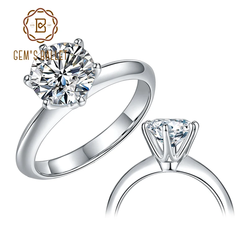 

GEM'S BALLET 6 Prong Solitaire Engagement Rings For Women 925 Sterling Silver Moissanite Ring 1ct 2ct 3ct Round Moissanite