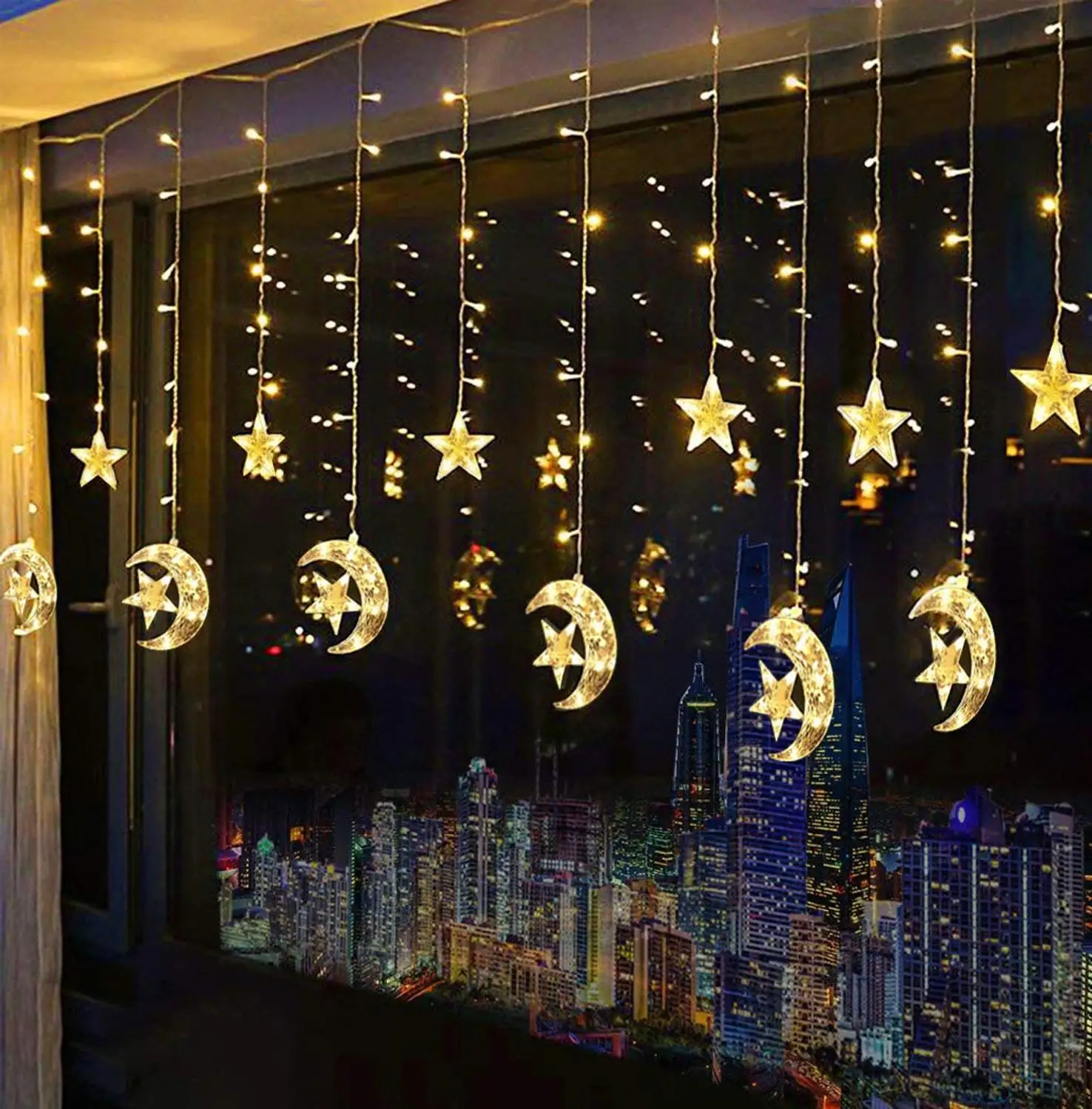 Battery operated 2.5M 138leds Moon Star Curtain String Lights Ramadan Decorations Garland lamp for Christmas Party Wedding
Battery operated 2.5M 138leds Moon Star Curtain String Lights Ramadan Decorations Garland lamp for Christmas Party Wedding