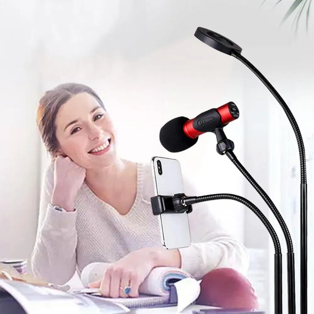 

3 in 1 Lazy Bracket Phone Stand with Microphone Holder Flexible Cellphone Clip with 24 LED Selfie Ring Light for Live Stream