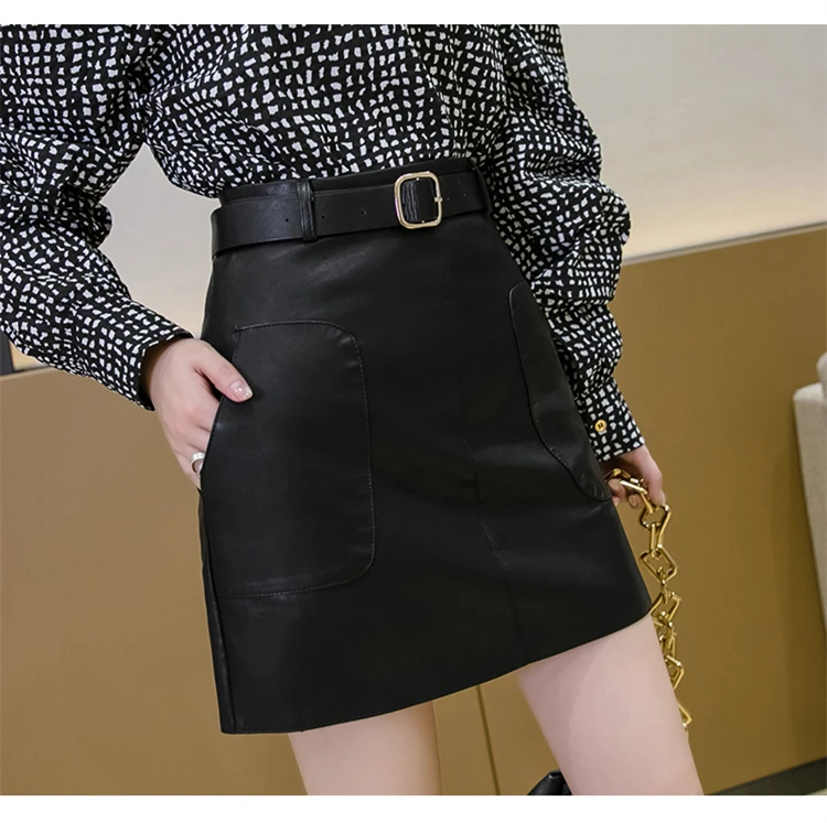 2020 New Casual Streetwear PU Leather Skirt Women Autumn Winter High Waist Mini Skirt Pocket With Belt A-line Skirt White Brown 2020 New Casual Streetwear PU Leather Skirt Women Autumn Winter High Waist Mini Skirt Pocket With Belt A-line Skirt White Brown
