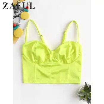 

ZAFUL Cropped Neon Bustier Cami Top Short Camis Spaghetti Strap Collar Solid Color Tanks Elastic Women'S Belly Cami Top 2019 New