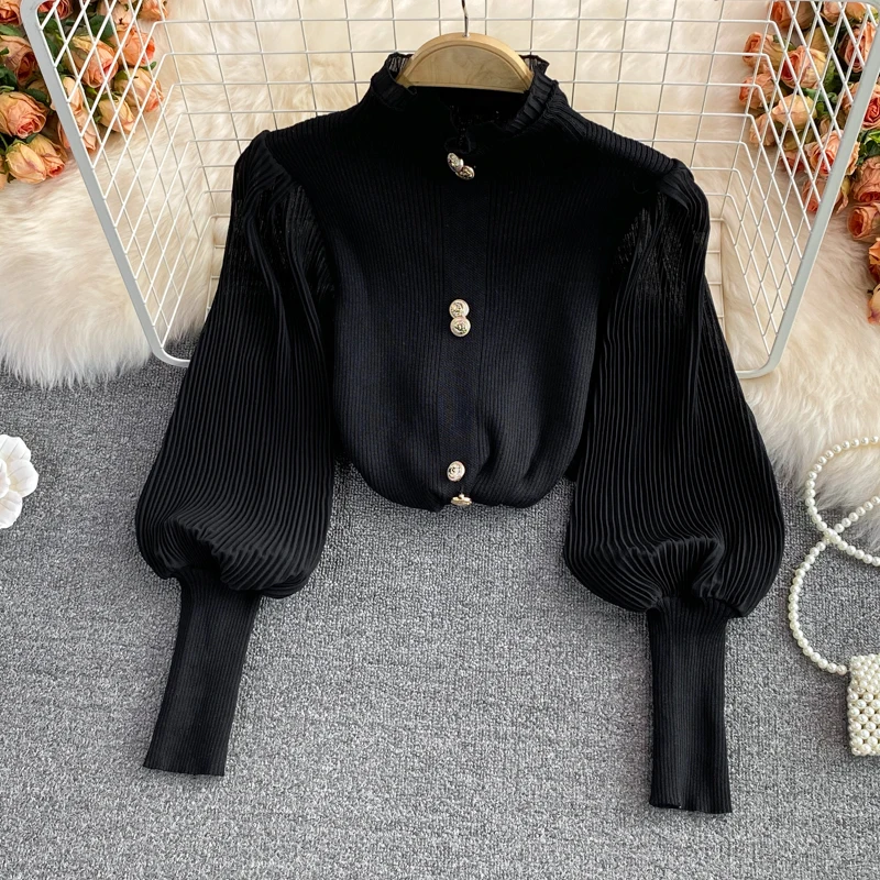 

2021Women Korean Knitted Blouse Long Sleeve Stand Collar Elastic Slim Tops Autumn Elegant Fashion chiffon stitching Blouse