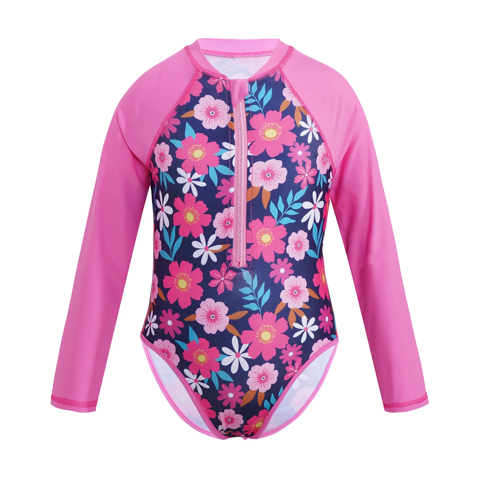 

Kids Girls One Piece Surfing Swimsuit Beachwear Long Sleeves Palm Printed Zippered Swimming Bathing Suit Swimwear Rash Guard